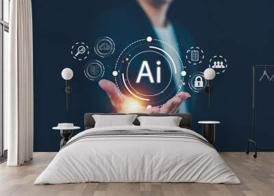 Artificial intelligence technology, Businessman show virtual graphic Ai Robot interface Wall mural