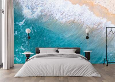 Amazing Top view sea beach landscape background,Summer sea waves crashing on sandy shore seascape background,High angle view ocean nature background Wall mural