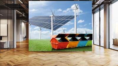 Solar panels,wind turbines, Industrial Waste Bin(dumpster) on gr Wall mural