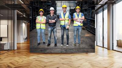 Portraits of dedicated and dedicated auto parts warehouse teams include female engineers and male technicians within working environments. Wall mural