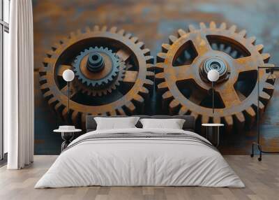 two modern cogs side by side with a smaller cog connected Wall mural