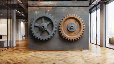 two modern cogs side by side with a smaller cog connected Wall mural