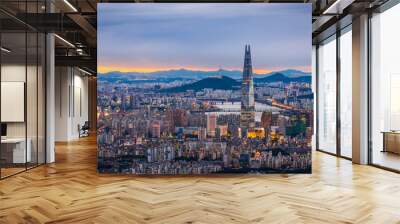 Seoul City skyline and downtown and skyscraper at night  is The best view and beautiful of South Korea at Namhansanseong mountain. Wall mural