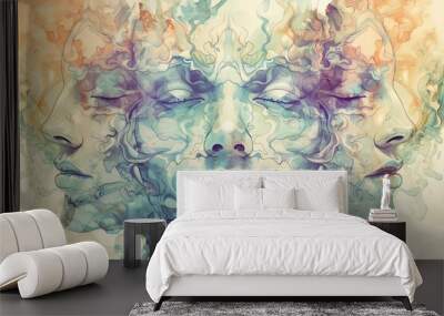 Compose a striking digital artwork combining Jungian archetypes with a skewed perspective view Infuse dream-like imagery with uncanny details Wall mural