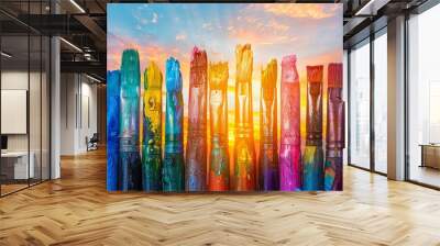 Feature a series of colorful paintbrushes against a sunset sky, highlighting the transformative power of art outreach programs in inspiring imagination Wall mural