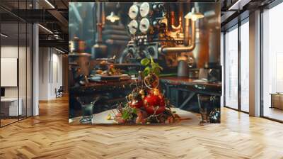 Illustrate a dystopian scene through the lens of culinary arts, focusing on the intricate details of a dish in a digital rendering technique Incorporate unexpected camera angles to create a visually s Wall mural