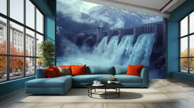 Transform historical events into a futuristic vision through glitch art style or CG 3D rendering, merging with abstract elements Integrate symbols of renewable energy sources such as hydroelectric dam Wall mural