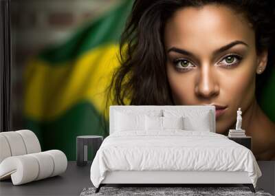 Beautiful woman with Brazilian flag with copy space conceptual, generative ai technology Wall mural