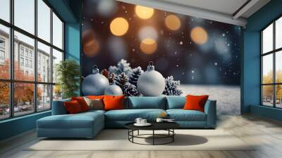 Christmas winter background with snow and blurred bokeh Merry christmas and happy new year greeting Wall mural