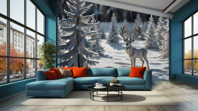 Paper art and digital craft style of deer in the forest AI Wall mural