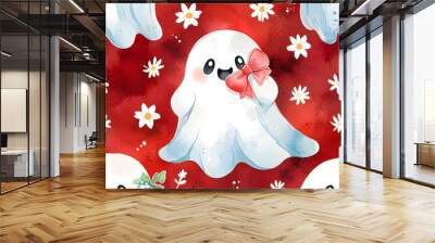 Watercolor illustration of a cute ghost with a pink bow on her head and flowers Wall mural