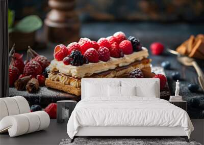 Mille feuille dessert with raspberries in black plate. ai generated Wall mural