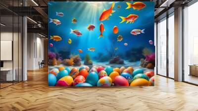 a group of fish swimming over a group of easter eggs in an ocean with corals and seaweed on the bottom Wall mural