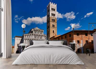 Facade and bell tower of the Cathedral of Lucca Tuscany Italy Wall mural