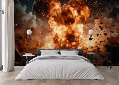 Cluster bomb explosion in modern warfare scenario. Huge explosion with fragments on air Wall mural