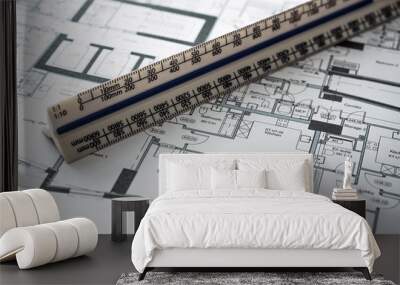 Detail view of architectural and structural construction drawings with designer tools. Landscape format. Wall mural