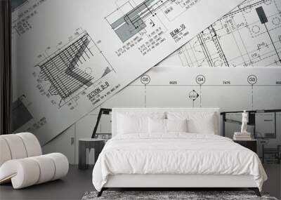 Detail view of architectural and structural construction drawings. Landscape format. Wall mural