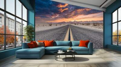 Route 66 in the desert with scenic sky. Classic vintage image with nobody in the frame. Wall mural