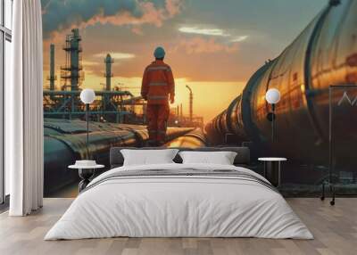 Worker in oil pipeline maintenance and logistic. Working in Oil pipeline industry in 2024, labor day. Labor day celebration for Oil companies industry worker. Safety risk at work. Pipeline gasoline Wall mural