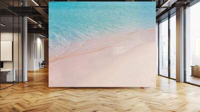 Soft waves of the sea on the pink sand and beautiful beach with cliffs.Coast of Crete island in Greece. Pink sand beach of famous Elafonisi Wall mural