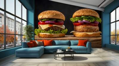 Two fresh tasty burgers on wooden rustic table. Food background. Wall mural