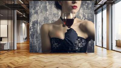 beautiful woman with glass red wine Wall mural