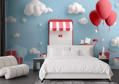 a red and white mobile phone with a shopping cart and balloons Wall mural