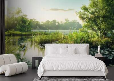 Beautiful tranquil pond surrounded by lush greenery and aquatic plants, reflecting the serene natural landscape under the golden sunlight. Wall mural