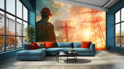 Engineer surveying power lines at sunset, highlighting infrastructure and energy with electrical towers in the background. Wall mural