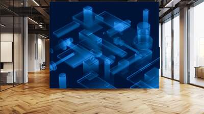 Cyber blue isometric neon city virtual reality background. Abstract technology innovation future digital background. 3d rendering. Wall mural