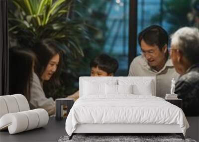 Big Asian happy family spend time having lunch on dinner table together. Multi-Generation relationship in house Wall mural