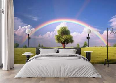 dandelion field and dead tree under cloudy sky with rainbow Wall mural