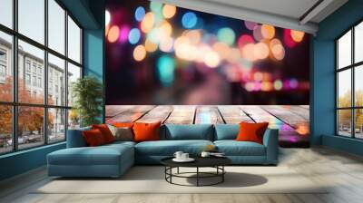 empty vintage wooden terrace with colorful abstract night light bokeh of night festival with copy space Wall mural