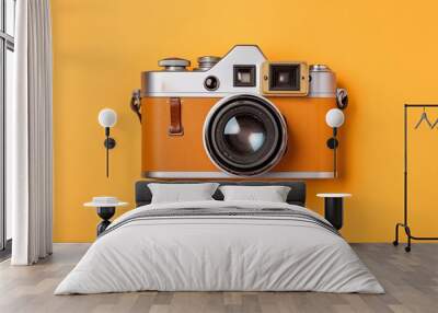 vintage camera isolated on yellow background. travel concept. minimal style with copy space.ai generated Wall mural