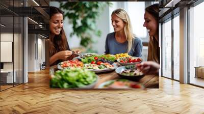 Young happy women friends eating healthy food and laughing at the festive table Wall mural