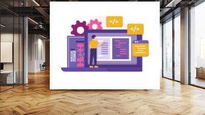 concept of programmer, full stack developer, front and back end. illustration of man making flowcharts and programs on a laptop. development division. activities of people. flat style. design elements Wall mural