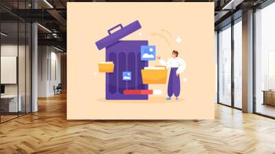 delete file concept. clean junk files, cache, images or photos, folders. remove useless data. cleaning application or software. illustration of a man next to a large trash can. flat style design Wall mural