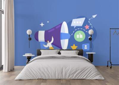 PR or public relations. Media Relations, Publicity, Public Affairs. Marketing Communications. Establish good and harmonious relations with the public through communication. a man and big megaphone Wall mural