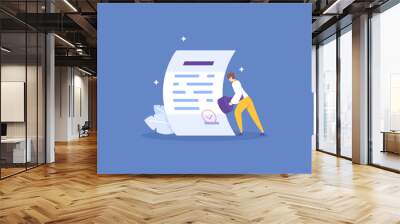 review and approve. passed the test and approved. give stamp. a businessman uses a stamp to put a stamp on a paper report. data validation. Terms and Conditions. concept illustration design Wall mural