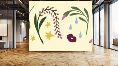 Abstract decorative design elements, flowers, leaf, plant branches set. Modern mystic decorations cliparts. Whimsical esoteric bundle with drops, hands, eyes. Isolated flat vector illustrations Wall mural