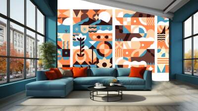 Abstract nature, interior posters set. Geometric countryside landscapes, square-shaped rural sceneries on summer holiday. Wall art, vertical cards backgrounds. Trendy flat vector illustrations Wall mural