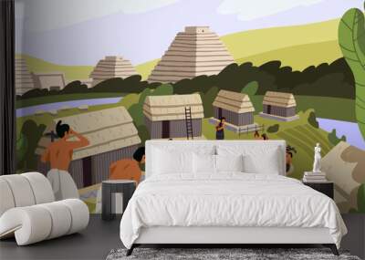 Ancient Mayan village with huts. Maya civilization life. Native American, Indian tribe cooking, working. Aztec pyramids, religion. Mexican landscape with tribal buildings. Flat vector illustration Wall mural