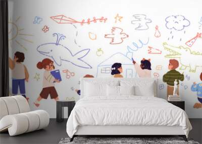 Children draw on the wall. Kids painting freehand doodles with crayon. Art education in elementary school. Creative child paints animals pictures. Flat isolated vector illustration on white background Wall mural