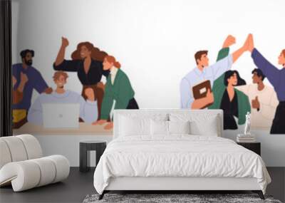 Coworkers congratulate team set. Diverse business groups celebrate corporate success. Happy people, workers rejoice at best deal together. Flat isolated vector illustration on white background Wall mural