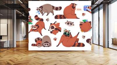 Cute baby raccoons set. Funny racoon characters in fun poses with trash can, garbage, food. Happy wild animal with furry fluffy tail. Childish flat vector illustrations isolated on white background Wall mural