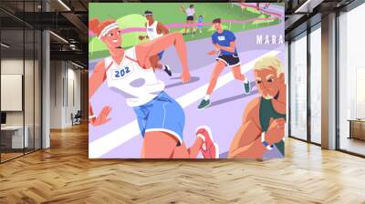 Different people take part in marathon, race. Happy woman running with other athletes. Male and female take action in mixed amateur competition. Challenge for prof runners. Flat vector illustration Wall mural