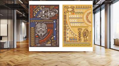 Ethnic backgrounds set with Aztec symbols, elements, abstract patterns, ancient mexican ornaments. Hand-drawn interior posters, cards, wall art in boho style. Flat graphic vector illustrations Wall mural