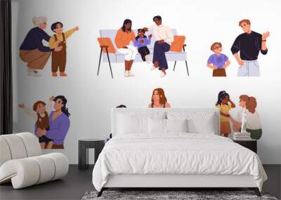 Fathers, mothers supporting, talking to children set. Good relationship between parents and child. Family communication concept. Moms, dads support kids. Flat isolated vector illustrations on white Wall mural