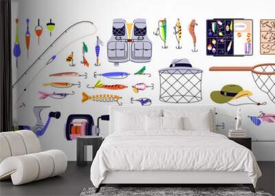 Fishing gear set. Different angling items. Various fishery accessories: spinning rods, fish hooks, colored bobbers, baits, nets, tackles. Flat isolated vector illustrations on white background Wall mural