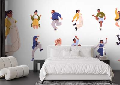 Happy people jump set. Young men and women dancing, rejoice, celebrate success. Different cheerful teens, girls, boys with positive emotions. Happiness. Flat isolated vector illustration on white Wall mural